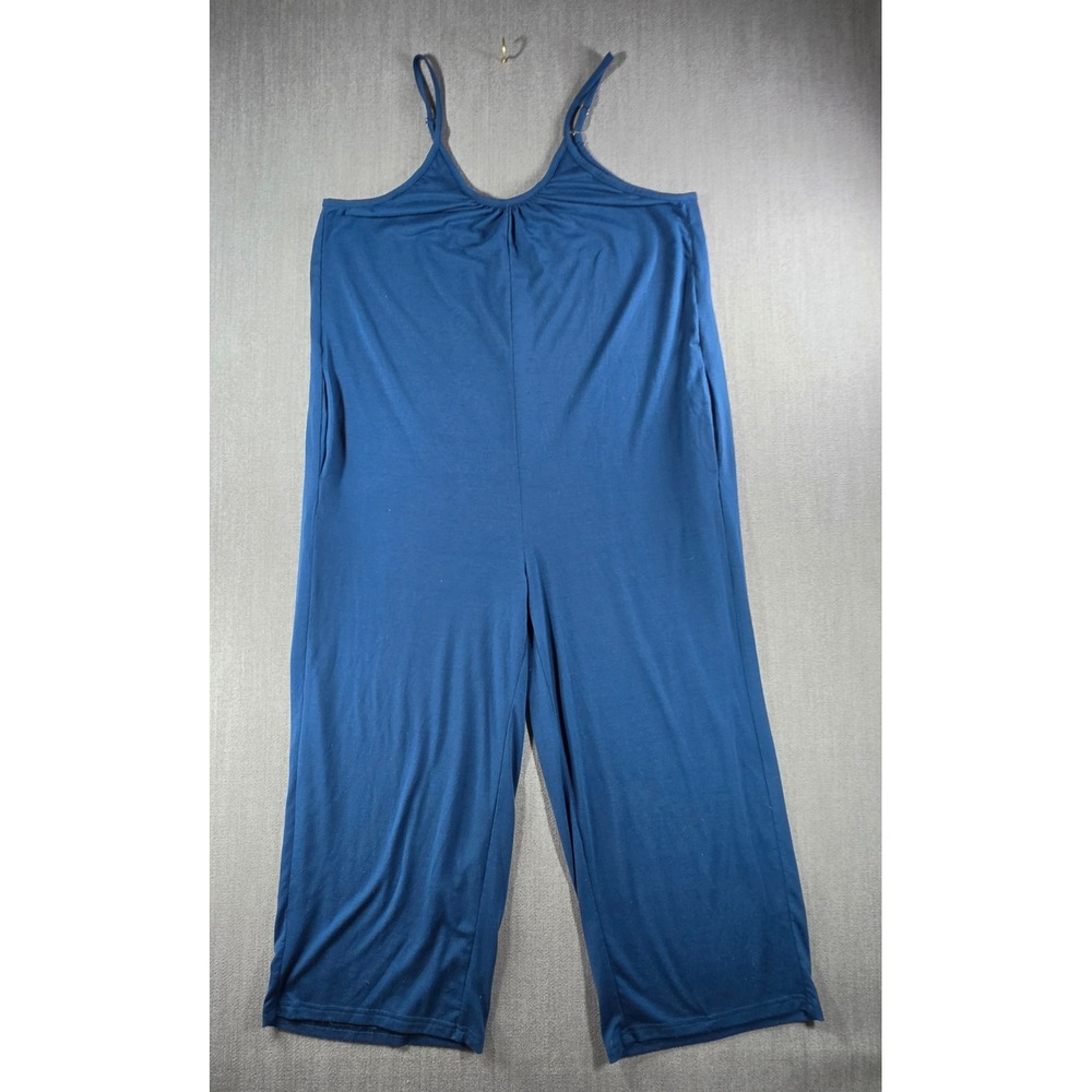 Fantaslook Jumpsuit Women L Blue Adjustable Strap Wide‎ Leg Knit Pocket